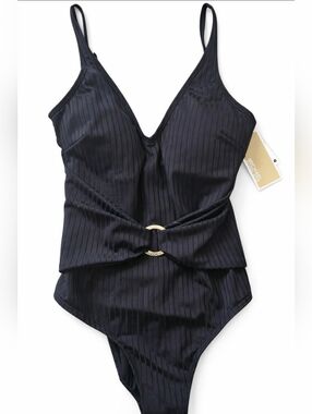 Michael Kors Women's Black Sash Ribbed Logo Trim V Neck One Piece Swimsuit US6